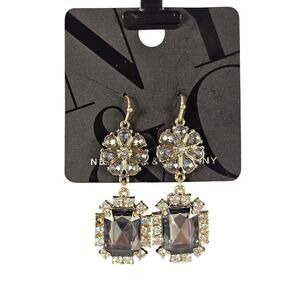 New York & Company Rhinestone Drop Earrings Gray Crystal Gold Tone Statement